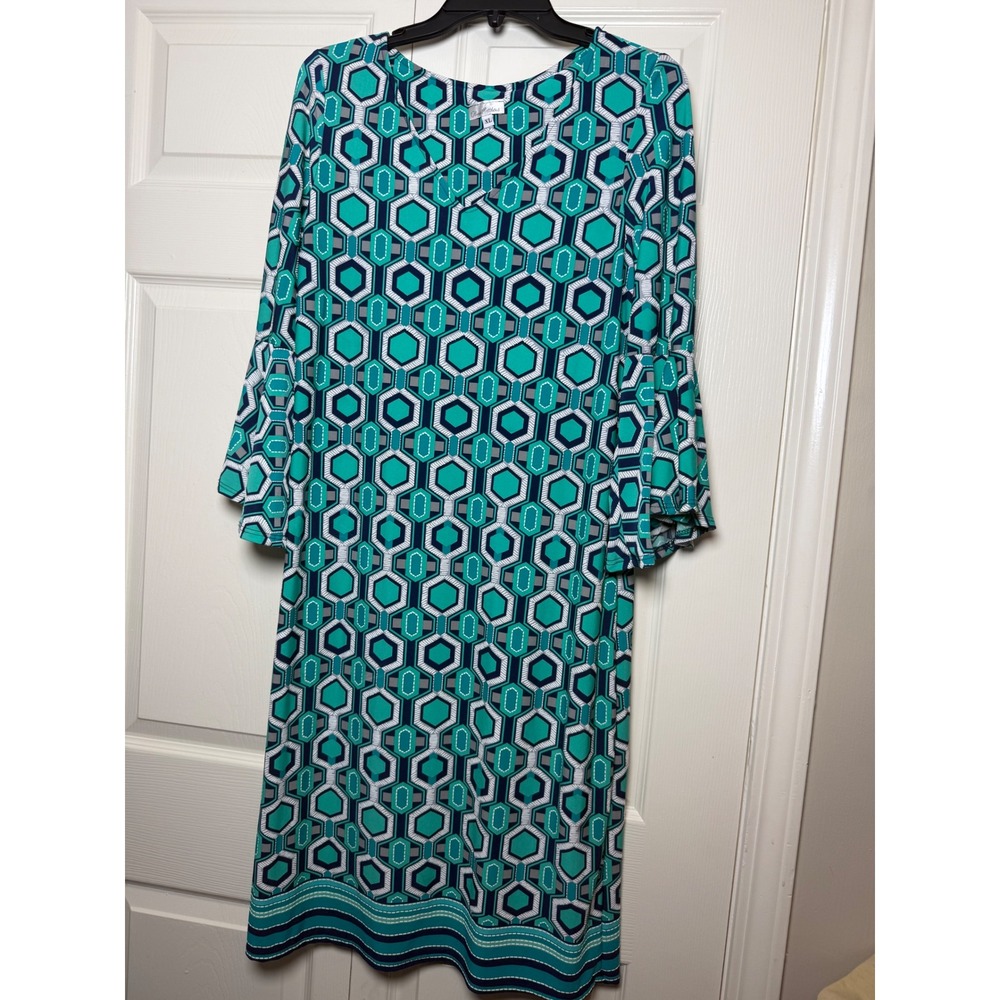 Olivia Matthews Teal Geometric Hexagon Print‎ Bell Sleeve Shift Dress Womens XL